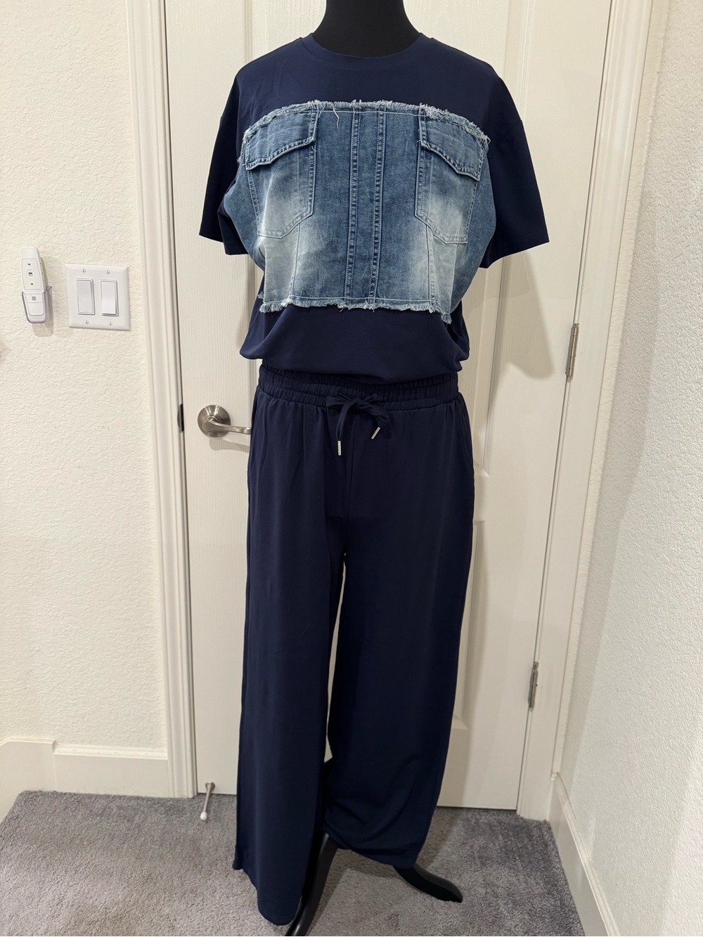 Navy Two Piece Cotton Pants Set with Distressed Denim Panel